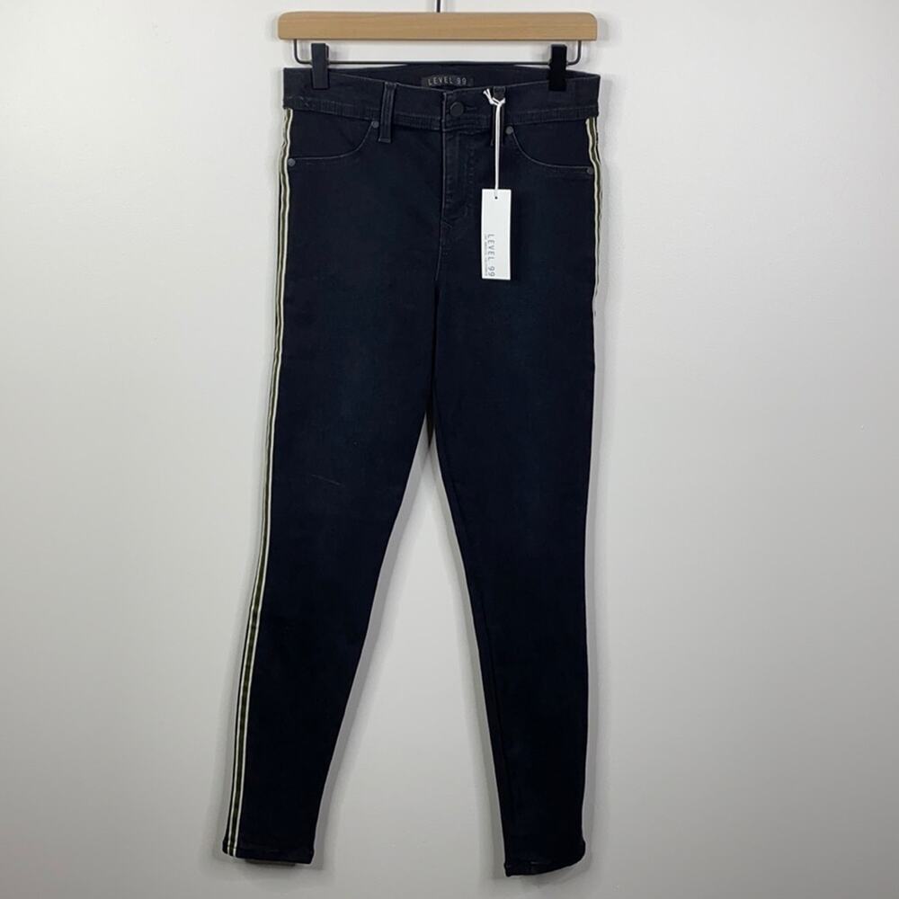Level 99 NWT Black Striped Side Tape Ultra Skinny Mid Rise Jeans Women's 26